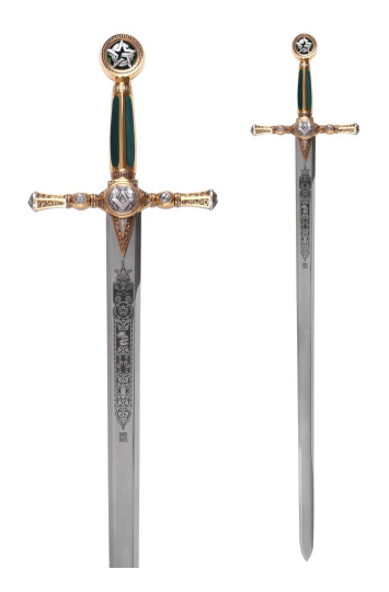 Masonų kalavijas, aukso spalvos, su graviūromis, Marto