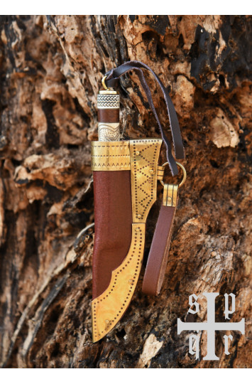 Mažas vikingų peilis, anglinio plieno geležtė, medinė/kaulinė rankena su Torslundos motyvu