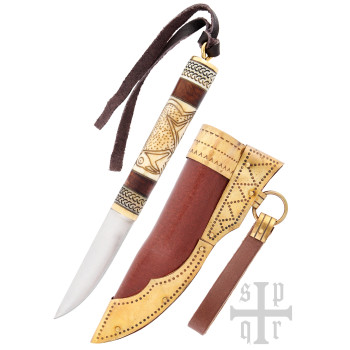 Mažas vikingų peilis, anglinio plieno geležtė, medinė/kaulinė rankena su Torslundos motyvu