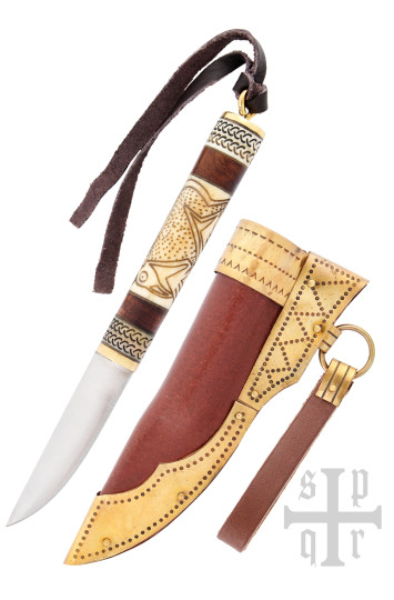 Mažas vikingų peilis, anglinio plieno geležtė, medinė/kaulinė rankena su Torslundos motyvu