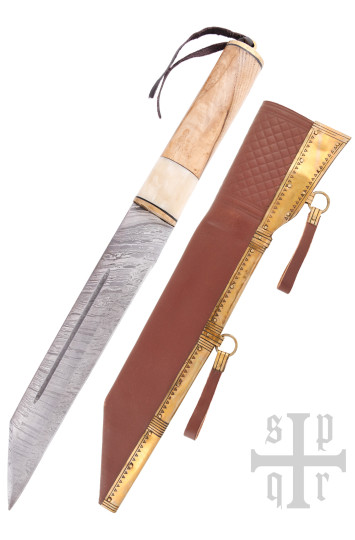 Scramasax, Seax su Damasko plieno ašmenimis, medinė/kaulinė rankena