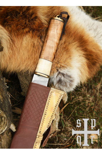 Scramasax, Seax su Damasko plieno ašmenimis, medinė/kaulinė rankena