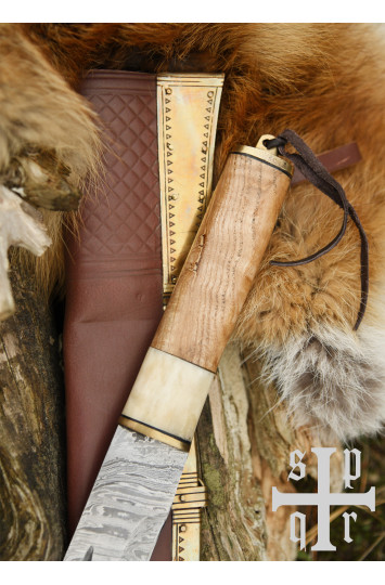 Scramasax, Seax su Damasko plieno ašmenimis, medinė/kaulinė rankena