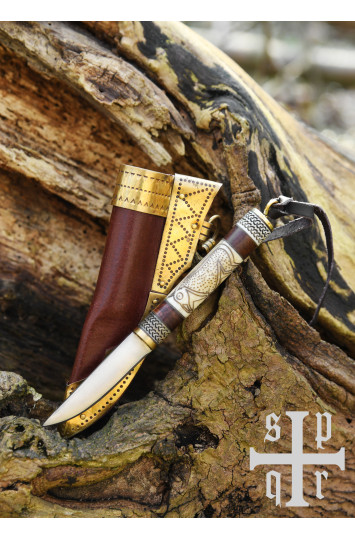 Mažas vikingų peilis, anglinio plieno geležtė, medinė/kaulinė rankena su Torslundos motyvu