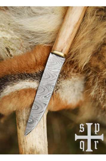 Mažas vikingų peilis, Damasko plieno geležtė, medžio/kaulo rankena su Torslundos motyvu