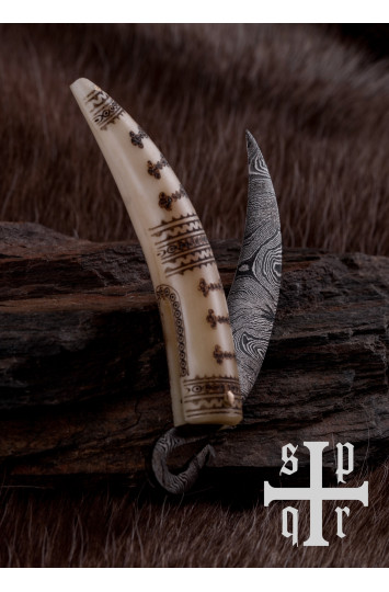 Vikingų sulankstomas peilis su Damasko plieno ašmenimis, kaulo rankena