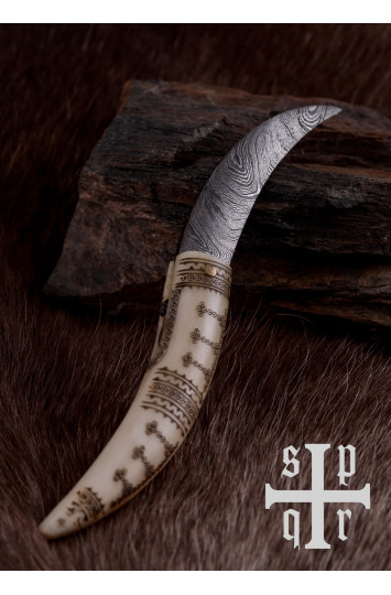 Vikingų sulankstomas peilis su Damasko plieno ašmenimis, kaulo rankena