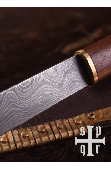 Vikingų peilis, Damasko plieno geležtė ir medinė/žalvarinė rankena