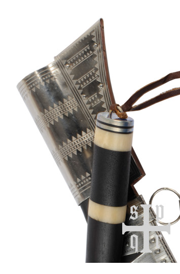 Vikingų „Seax“ ilgas sakso peilis, Damasko plienas, medinė/kaulinė rankena