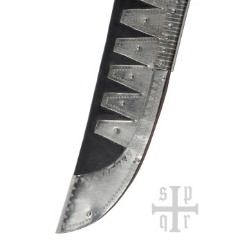 Vikingų „Seax“ ilgas sakso peilis, Damasko plienas, medinė/kaulinė rankena