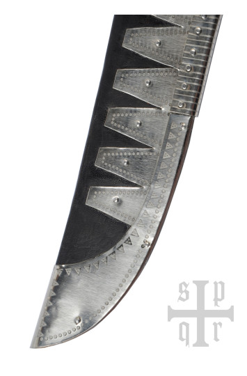 Vikingų „Seax“ ilgas sakso peilis, Damasko plienas, medinė/kaulinė rankena