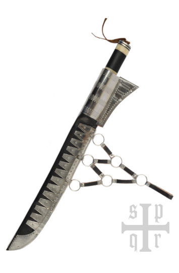 Vikingų „Seax“ ilgas sakso peilis, Damasko plienas, medinė/kaulinė rankena