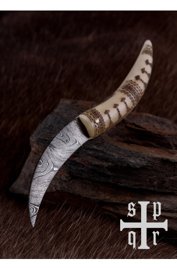 Vikingų sulankstomas peilis su Damasko plieno ašmenimis, kaulo rankena