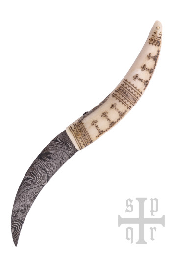 Vikingų sulankstomas peilis su Damasko plieno ašmenimis, kaulo rankena