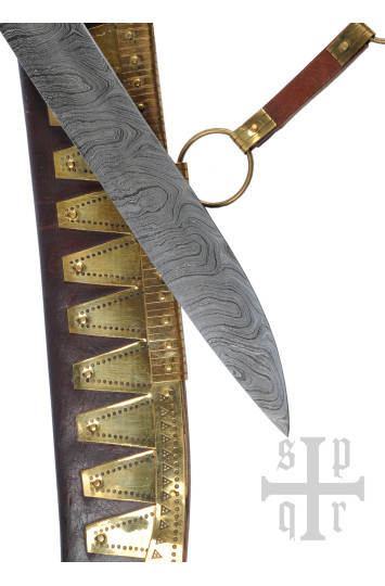 Vikingų „Seax“ ilgas sakso peilis, Damasko plienas, medinė/kaulinė rankena