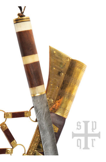Vikingų „Seax“ ilgas sakso peilis, Damasko plienas, medinė/kaulinė rankena