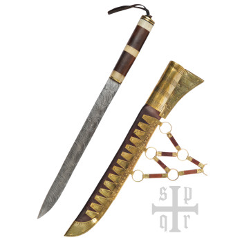 Vikingų „Seax“ ilgas sakso peilis, Damasko plienas, medinė/kaulinė rankena