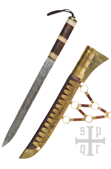 Vikingų „Seax“ ilgas sakso peilis, Damasko plienas, medinė/kaulinė rankena