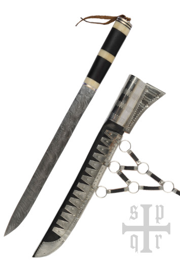 Vikingų „Seax“ ilgas sakso peilis, Damasko plienas, medinė/kaulinė rankena