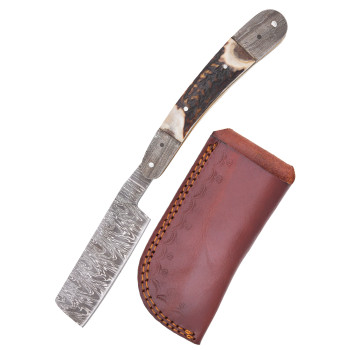 Damasko plieno skustuvas su elnio rago rankena ir odiniu dėklu - butaforija