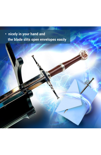 Raganius - Geralto iš Rivijos plieninis kardas, laiškų atidarymo kardas su stovu 21,6 cm